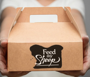 Hands holding a Feed My Sheep branded meal box ready for delivery